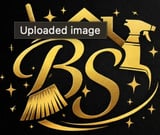BS CLEANING logo with gold text and cleaning supplies icons on black background